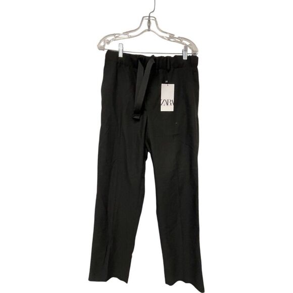 Zara Womens Drawstring Pants M Black Polyester Flat Front Mid Rise NWT - Picture 1 of 9